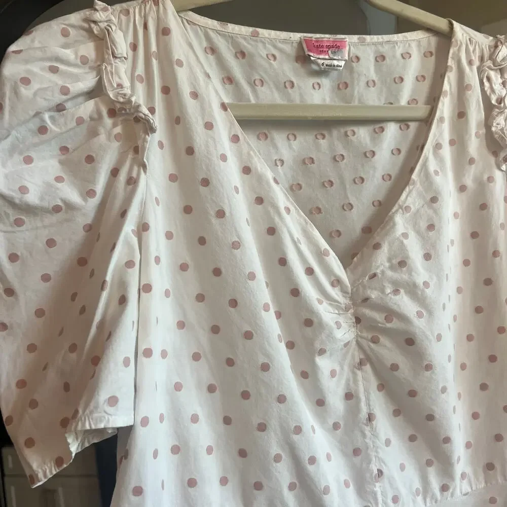 Kate Spade Women's White with Pink Polka Dots Puff Sleeve Peplum‎ Blouse